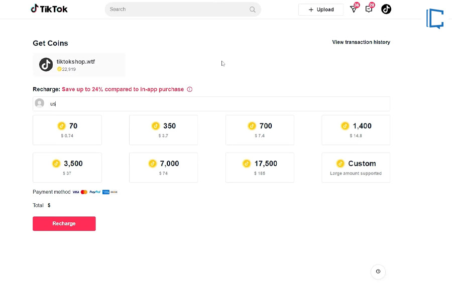 tiktok recharge coins